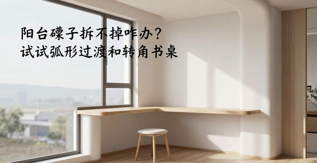 阳台垛子拆不掉咋办？试试弧形过渡和转角书桌(图1)