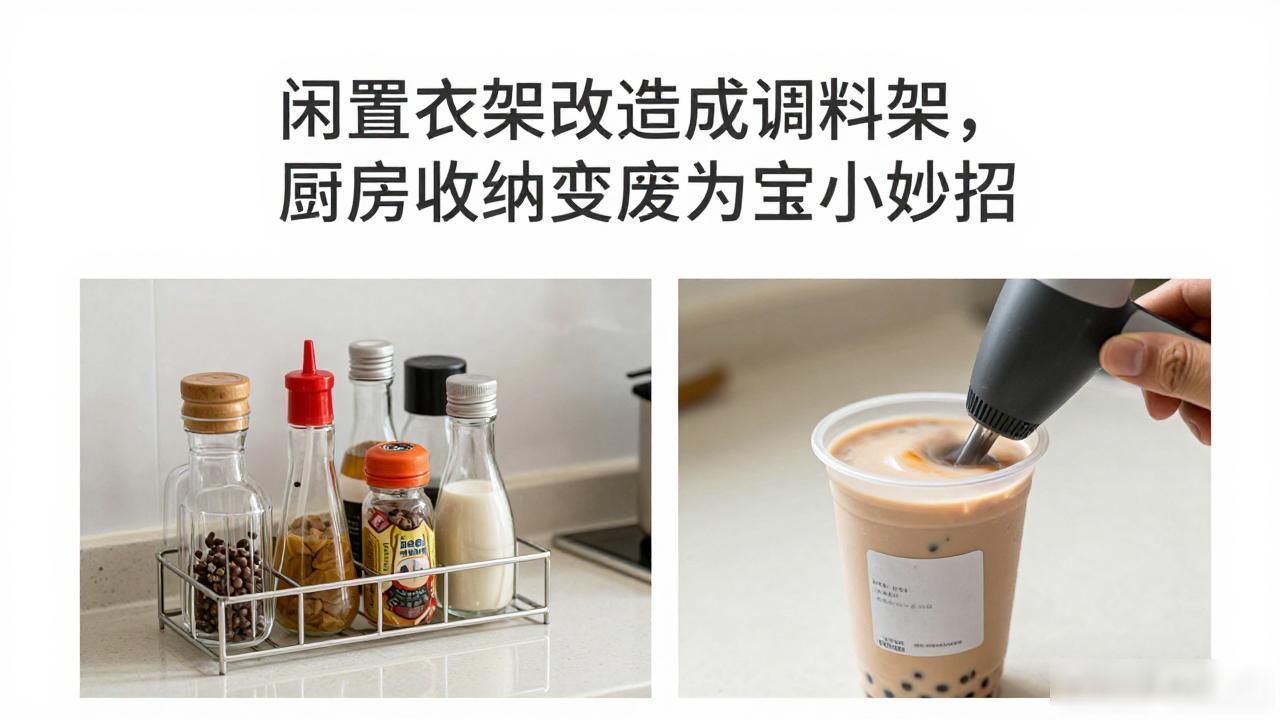 闲置衣架改造成调料架，厨房收纳变废为宝小妙招(图1)