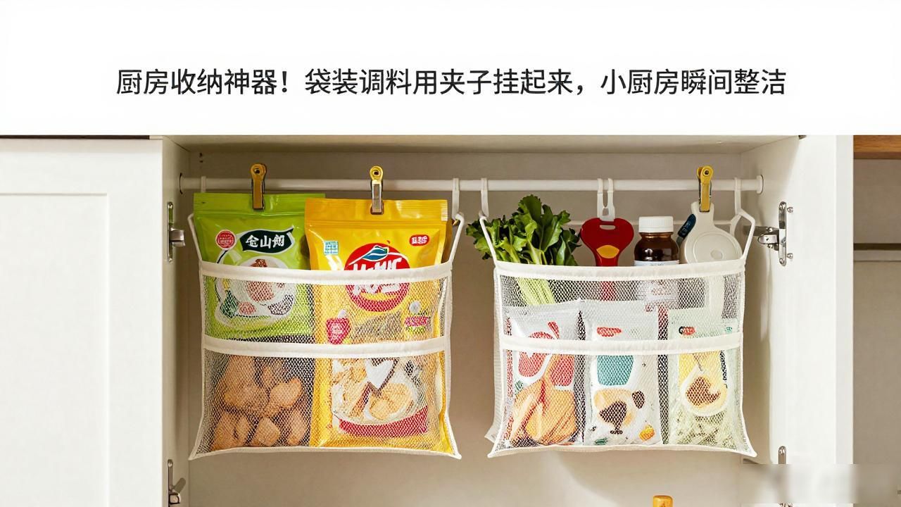 厨房收纳神器!袋装调料用夹子挂起来,小厨房瞬间整洁(图1)