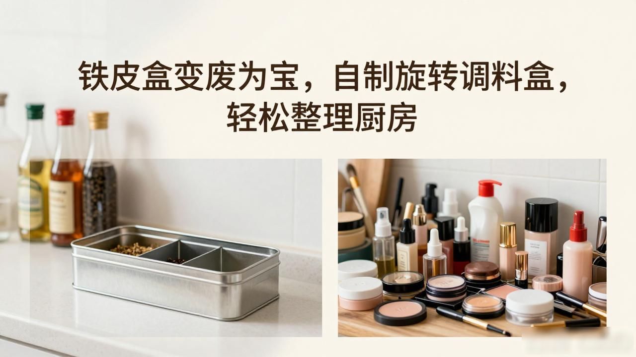 铁皮盒变废为宝,自制旋转调料盒,轻松整理厨房(图1)