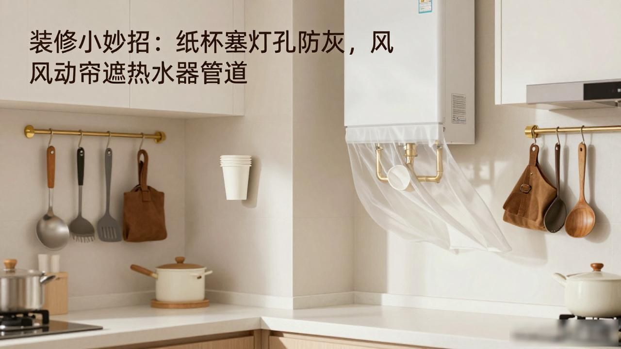装修小妙招:纸杯塞灯孔防灰,风动帘遮热水器管道(图1)